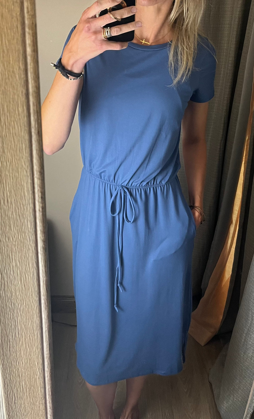 Blue Tie Waist Dress w/Pockets-S