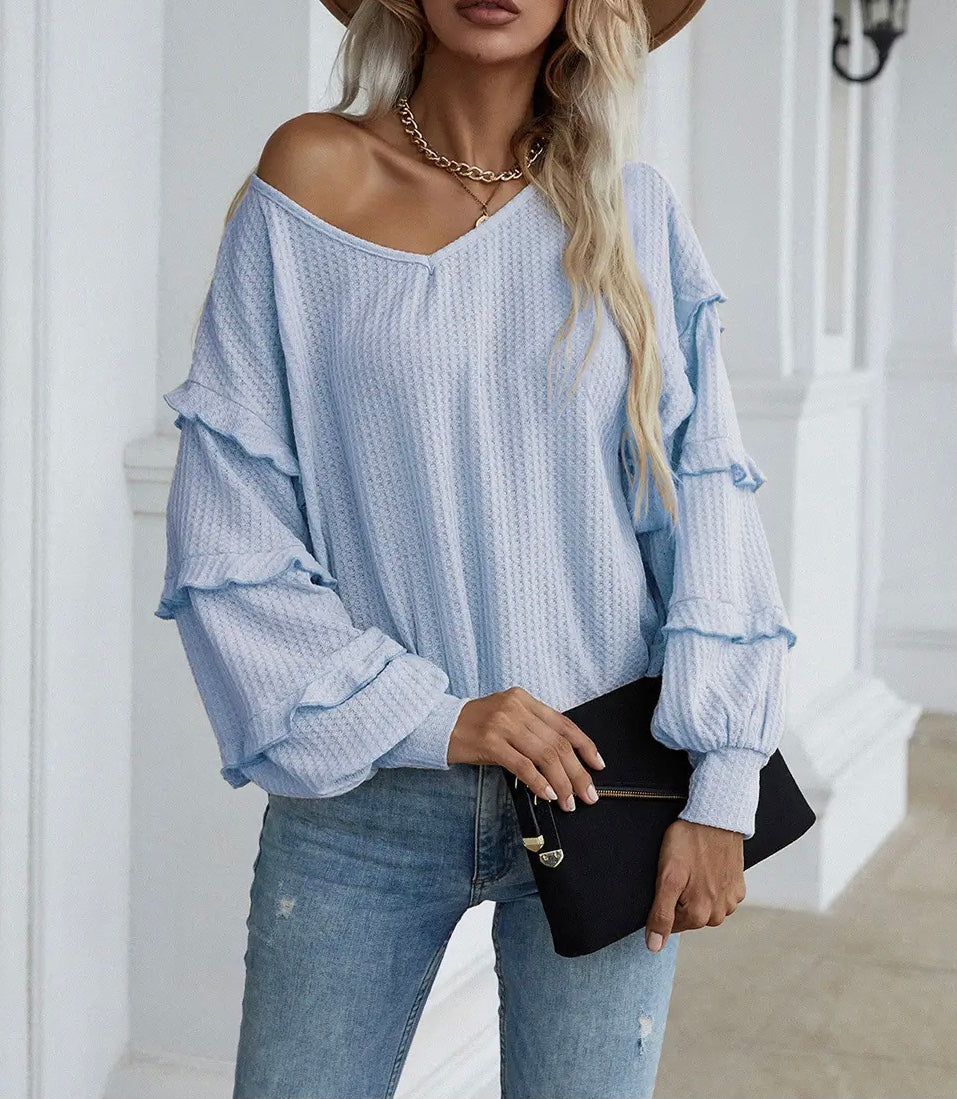 Waffle Top w Ruffle Slv